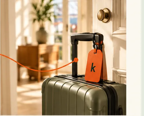 A packed suitcase with an orange Koxim tag beside a doorway