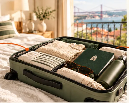 An organized open carry-on in a sunlit room