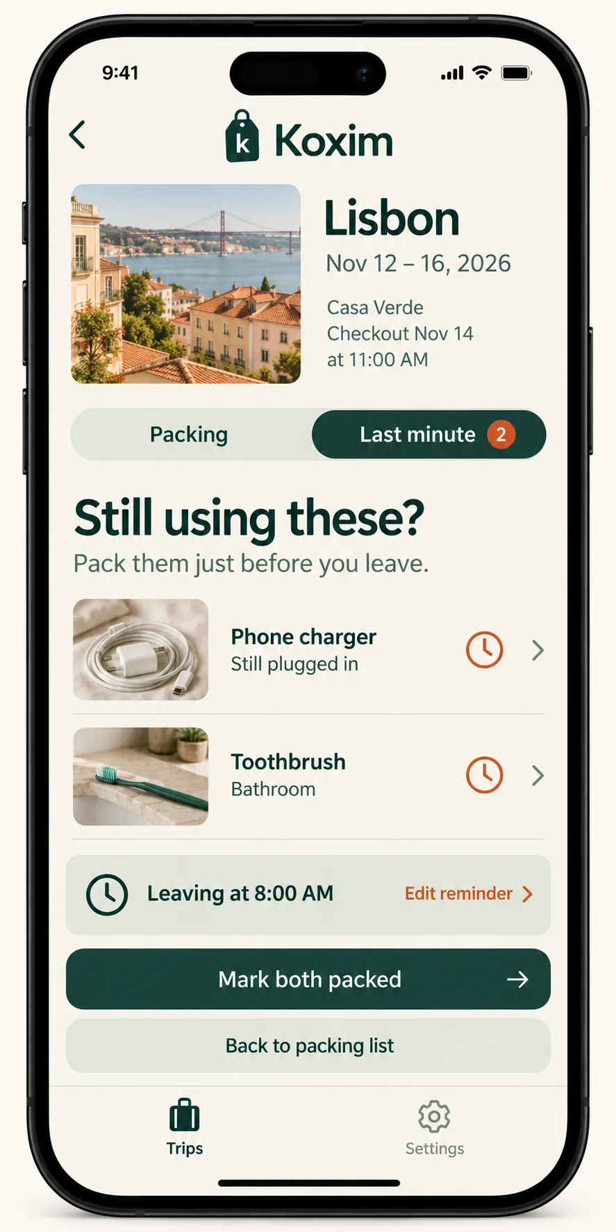 Koxim last-minute list design for a phone charger and toothbrush