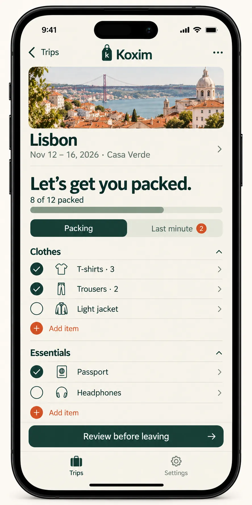 Koxim packing-list design with checked and unchecked travel essentials