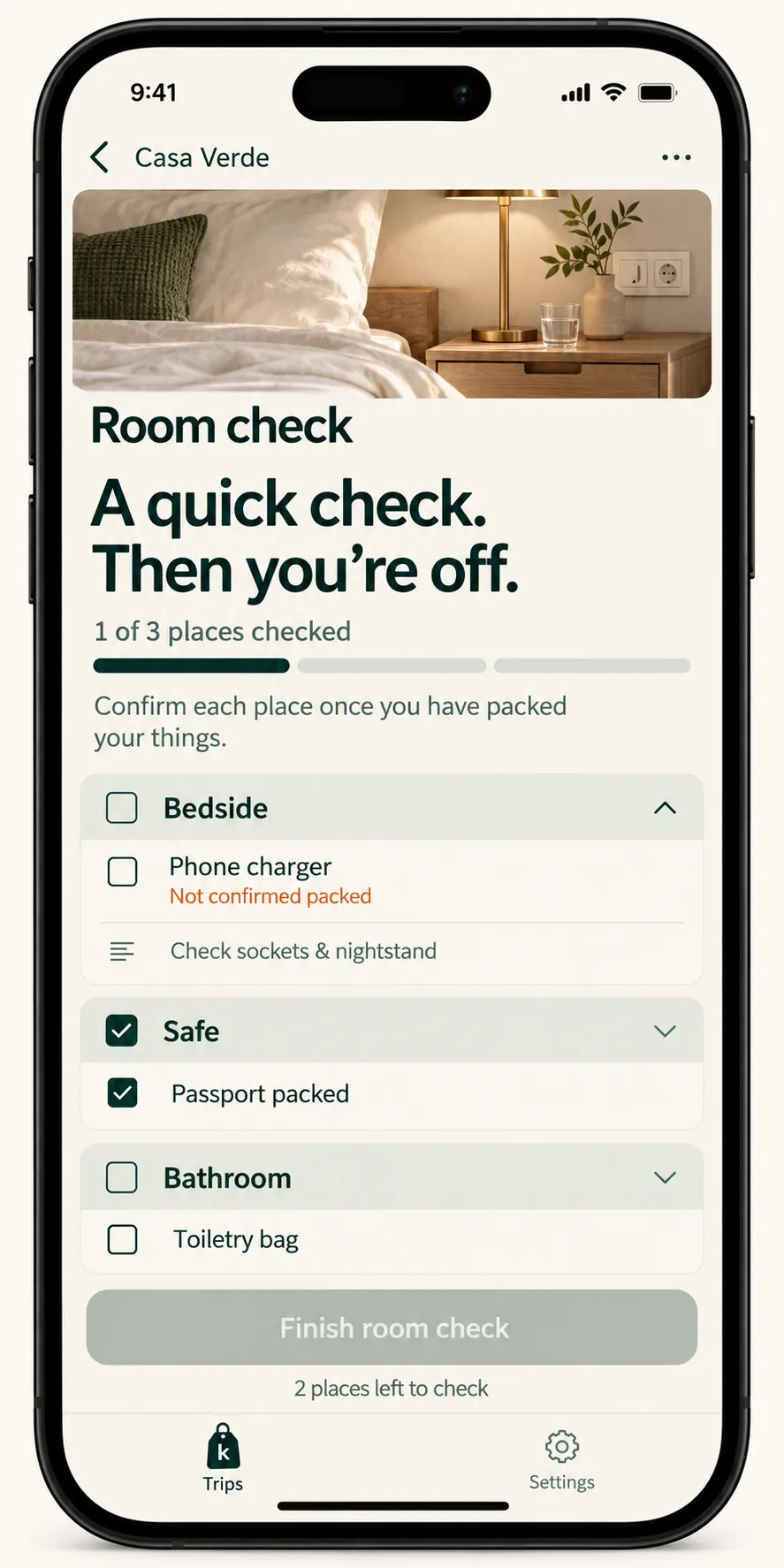 Koxim room-check design with one of three places confirmed